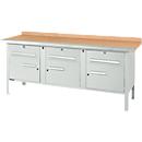 Box-type werkbank Schäfer Shop Select PW 200-5, beuken multiplex blad, met stalen rand, tot 750 kg, B 2000 x D 700 x H 840 mm, lichtgrijs