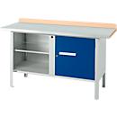 Box-type werkbank Schäfer Shop Select PWi 150-1, beuken multiplex blad, met stalen afdekking, tot 750 kg, B 1500 x D 700 x H 840 mm, gentiaanblauw