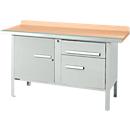 Box-type werkbank Schäfer Shop Select PWi 150-3, beuken multiplex blad, met stalen rand, tot 750 kg, B 1500 x D 700 x H 840 mm, lichtgrijs