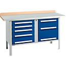 Box-type werkbank Schäfer Shop Select PWi 150-8, beuken multiplex blad, met stalen afdekking, tot 750 kg, B 1500 x D 700 x H 840 mm, gentiaanblauw