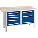 Box-type werkbank Schäfer Shop Select PWi 150-8, beuken multiplex blad, met stalen afdekking, tot 750 kg, B 1500 x D 700 x H 840 mm, gentiaanblauw