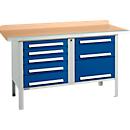 Box-type werkbank Schäfer Shop Select PWi 150-8, beuken multiplex blad, met stalen rand, tot 750 kg, B 1500 x D 700 x H 840 mm, gentiaanblauw