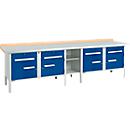Box-type werkbank Schäfer Shop Select PWi 300-0, beuken multiplex blad, met stalen afdekking, tot 750 kg, B 3000 x D 700 x H 840 mm, gentiaanblauw