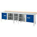 Box-type werkbank Schäfer Shop Select PWi 300-1, beuken multiplex blad, met stalen afdekking, tot 750 kg, B 3000 x D 700 x H 840 mm, gentiaanblauw