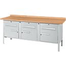Box-type workbench Schäfer Shop Select PW 200-5, beech multiplex top, up to 750 kg, W 2000 x D 700 x H 840 mm, white aluminum