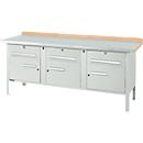 Box-type workbench Schäfer Shop Select PW 200-5, beech multiplex top, with steel cover, up to 750 kg, W 2000 x D 700 x H 840 mm, light gray