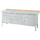 Box-type workbench Schäfer Shop Select PW 200-5, beech multiplex top, with steel cover, up to 750 kg, W 2000 x D 700 x H 840 mm, white aluminum