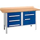 Box-type workbench Schäfer Shop Select PWi 150-5, beech multiplex top, up to 750 kg, W 1500 x D 700 x H 840 mm, gentian blue