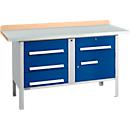 Box-type workbench Schäfer Shop Select PWi 150-5, beech multiplex top, with steel cover, up to 750 kg, W 1500 x D 700 x H 840 mm, gentian blue