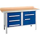 Box-type workbench Schäfer Shop Select PWi 150-5, beech multiplex top, with steel edge, up to 750 kg, W 1500 x D 700 x H 840 mm, gentian blue