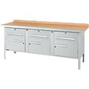 Box-type workbench Schäfer Shop Select PWi 200-5, beech multiplex top, with steel edge, up to 750 kg, W 2000 x D 700 x H 840 mm, white aluminum
