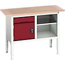 Box werkbank Bott verso, met multiplex legbord, 1 lade &amp; 1 legbord &amp; 1 deur, B 1250 x D 600 x H 830 - 930 mm, lichtgrijs / paarsrood