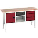 Box werkbank Bott verso, met multiplex legbord, 3 laden &amp; 1 legbord &amp; 1 deur, B 1750 x D 600 x H 830 - 930 mm, RAL 7035 Lichtgrijs / RAL 3004 Purperrood