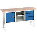 Box werkbank Bott verso, met multiplex legbord, 3 laden &amp; 1 legbord &amp; 1 deur, B 1750 x D 600 x H 830 - 930 mm, RAL 7035 lichtgrijs / RAL 5010 gentiaanblauw