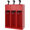Brandweerkluis C+P Evolo Youngster, 3 vakken, met helmhouder, vloerglijders, B 1200 x D 500 x H 1530 mm, RAL 3000 vuurrood