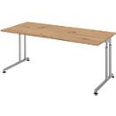Breno bureau, handmatig in hoogte verstelbaar, horizontale kabelgoot, B 1800 x D 800 x H 680-820 mm, spaanplaat &amp; staal, eiken/zilver