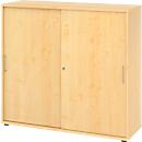 Breno schuifdeurkast, afsluitbaar, spaanplaat, gemelamineerd, B 1200 x D 400 x H 1100 mm, 3 dossierhoogtes, ahorn/mapulier