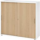 Breno schuifdeurkast, afsluitbaar, spaanplaat, gemelamineerd, B 1200 x D 400 x H 1100 mm, 3 dossierhoogtes, wit/eiken