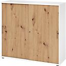 Breno schuifdeurkast, afsluitbaar, spaanplaat, gemelamineerd, B 1200 x D 400 x H 1100 mm, 3 dossierhoogtes, wit/eiken