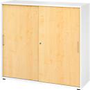 Breno schuifdeurkast, afsluitbaar, spaanplaat, gemelamineerd, B 1200 x D 400 x H 1100 mm, 3 ordnerhoogtes, wit/mapele