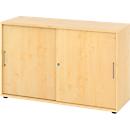 Breno schuifdeurkast, afsluitbaar, spaanplaat, gemelamineerd, B 1200 x D 400 x H 748 mm, 2 dossierhoogtes, ahorn/mapulier