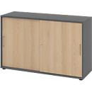 Breno schuifdeurkast, afsluitbaar, spaanplaat, gemelamineerd, B 1200 x D 400 x H 748 mm, 2 dossierhoogtes, grafiet/eiken