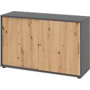 Breno schuifdeurkast, afsluitbaar, spaanplaat, gemelamineerd, B 1200 x D 400 x H 748 mm, 2 dossierhoogtes, grafiet/eiken