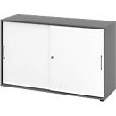 Breno schuifdeurkast, afsluitbaar, spaanplaat, gemelamineerd, B 1200 x D 400 x H 748 mm, 2 dossierhoogtes, grafiet/wit