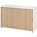 Breno schuifdeurkast, afsluitbaar, spaanplaat, gemelamineerd, B 1200 x D 400 x H 748 mm, 2 dossierhoogtes, wit/eiken