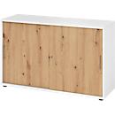Breno schuifdeurkast, afsluitbaar, spaanplaat, gemelamineerd, B 1200 x D 400 x H 748 mm, 2 dossierhoogtes, wit/eiken