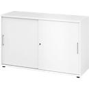 Breno schuifdeurkast, afsluitbaar, spaanplaat, gemelamineerd, B 1200 x D 400 x H 748 mm, 2 dossierhoogtes, wit/wit