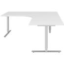 Bureau d’angle BARI 90°, pieds en T, plateau asymétrique, angle à droite, l. 1800 x P 1000/800 x H 680 - 820 mm, blanc/alu