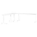 Bureau d'angle Porto, réglage mécanique de la hauteur, piétement en C, y compris table d'extension avec pied support, L 1400/1600 x P 2200 x H 680-910 mm, blanc/blanc