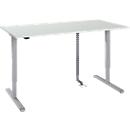 Bureau, elektrisch in hoogte verstelbaar, incl. kabelketting &amp; kabelgoot, rechthoekig, T-voet, B 1600 x D 800 x H 715-1205 mm, aluminium lichtgrijs/wit