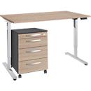 Bureau, elektrisch in hoogte verstelbaar, T-poot, H 755-1255 mm, eiken decor/blank aluminium + bedieningspaneel met geheugen, kabelgoot, Rollcontaine