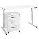 Bureau hauteur réglable électriquement - l. 1600 x H 755-1255 mm - piétement en T alu blanc - avec panneau de commande à mémoire - passage pour câbles - avec caisson mobile - blanc