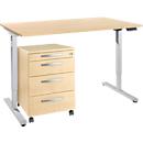 Bureau hauteur réglable électriquement - l. 1600 x H 755-1255 mm - piétement en T alu blanc - avec panneau de commande à mémoire - passage pour câbles - avec caisson mobile - érable