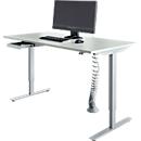 Bureau, hauteur réglable électriquement, rectangulaire, piétement en T, L 1600 mm, gris clair/blanc alu + tiroir &amp; spirale de câbles