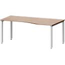 Bureau MODENA FLEX, forme libre, approche à droite, 4 pieds en tube carré, L 1800 x P 1000/800 x H 720-820 mm, chêne/aluminium blanc