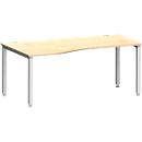 Bureau MODENA FLEX, forme libre, approche à gauche, 4 pieds en tube carré, L 1800 x P 1000/800 x H 720-820 mm, érable/aluminium blanc