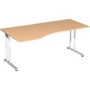 Bureau PALENQUE avec extension, pieds en C, asymétrique, à gauche, l. 1800 x P 1000/800 x H 680 - 820 mm, coloris hêtre