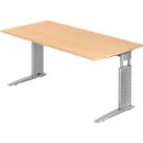 Bureau TARVIS, pieds en C, rectangulaire, l. 1600 mm, armature argentée, hauteur ajustable, coloris érable