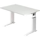 Bureautafel TARVIS, C-poot, vierkant, B 1200 mm, onderstel wit, in hoogte verstelbaar, lichtgrijs