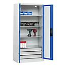 C+P Akkuladeschrank Acurado, abschließbar, mit Inneneinrichtung, B 930 x T 500 x H 1950 mm, Stahl, enzianblau RAL 5010/lichtgrau RAL 7035