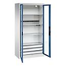 C+P Akkuladeschrank Acurado, abschließbar, mit Inneneinrichtung, B 930 x T 500 x H 1950 mm, Stahl, fernblau RAL 5023/lichtgrau RAL 7035