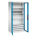 C+P Akkuladeschrank Acurado, abschließbar, mit Inneneinrichtung, B 930 x T 500 x H 1950 mm, Stahl, lichtblau RAL 5012/lichtgrau RAL 7035
