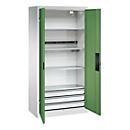 C+P Akkuladeschrank Acurado, abschließbar, mit Inneneinrichtung, B 930 x T 500 x H 1950 mm, Stahl, resedagrün RAL 6011/lichtgrau RAL 7035
