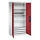 C+P Akkuladeschrank Acurado, abschließbar, mit Inneneinrichtung, B 930 x T 500 x H 1950 mm, Stahl, rubinrot RAL 3003/lichtgrau RAL 7035