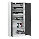 C+P Akkuladeschrank Acurado, abschließbar, mit Lüftung + Inneneinrichtung, B 930 x T 500 x H 1950 mm, Stahl, anthrazitgrau RAL 7016/lichtgrau RAL 7035