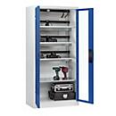 C+P Akkuladeschrank Acurado, abschließbar, mit Lüftung + Inneneinrichtung, B 930 x T 500 x H 1950 mm, Stahl, enzianblau RAL 5010/lichtgrau RAL 7035